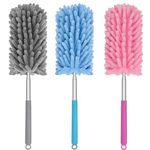 Mini Duster for Cleaning, 360° Bendable Hand Dusters with Extension Pole, Washable Small Duster for Car Interior, Office, Furniture - color: 3 Pack Blue Grey Pink