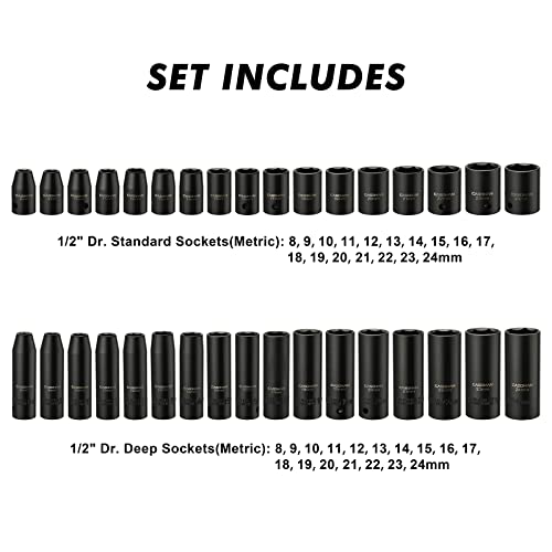CASOMAN 1/2-inch 70 Pieces Impact Socket Master Set, SAE & Metric from 5/16"-1-1/4",8-24mm, Shallow/Deep Socket with Ratched Hand, Extension Bar and Adapters - size: 1/2"Drive 70pcs Impact Master Socket Set