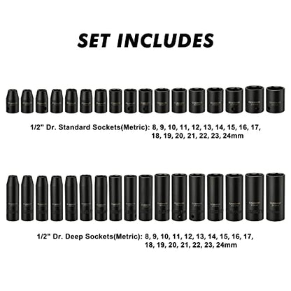 CASOMAN 1/2-inch 70 Pieces Impact Socket Master Set, SAE & Metric from 5/16"-1-1/4",8-24mm, Shallow/Deep Socket with Ratched Hand, Extension Bar and Adapters - size: 1/2"Drive 70pcs Impact Master Socket Set