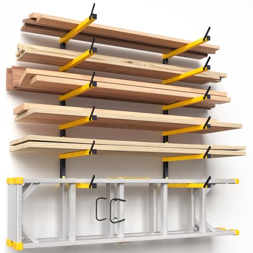 GREENER Lumber Storage Rack Folding Wood Storage Racks Wall-Mounted Metal Racks for Storage with 6-Level Heavy Duty Garage Wood Organizer for Woodworking Shop Indoor & Outdoor Use, 2 pairs,Yellow - style: 2 Pack-6 Level