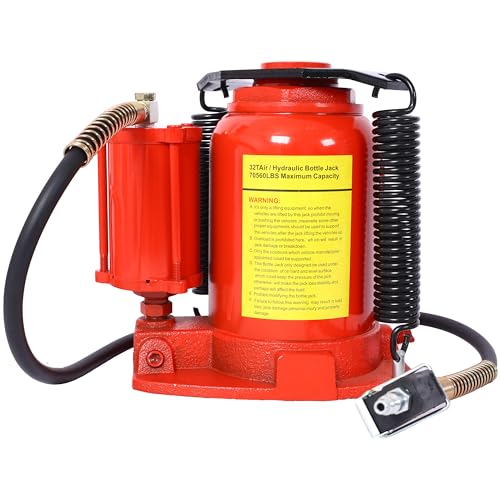 Pneumatic Air Hydraulic Bottle Jack, 32 Ton/64,000 LBS All Welded Bottle Jack, 10.4-16.3 inch Lifting Range, with Manual Hand Pump & Handle,Heavy Duty Auto Truck Travel Trailer Repair Lift - color: Red, size: 32Ton