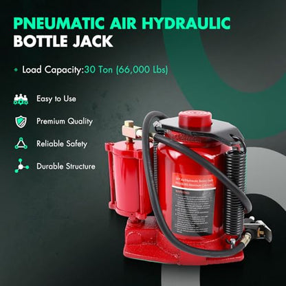 Pneumatic Air Hydraulic Bottle Jack with Manual Hand Pump 30 Ton (66 000 LBS) for Heavy Duty Auto Truck Travel Trailer Repair Lift Red Ideal for Car, Pickup, SUV, Industrial Engineering