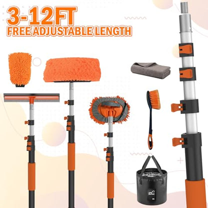LAANPOLE 12FT Car Wash Brush with Long Handle, Car Cleaning Kit with Soft Bristle Wash Brush, Microfiber Cleaning Mop, Window Squeegee, Mitt, Wheel Brush, Bucket, Drying Towel for RV, Truck, Boat - size: 12FT