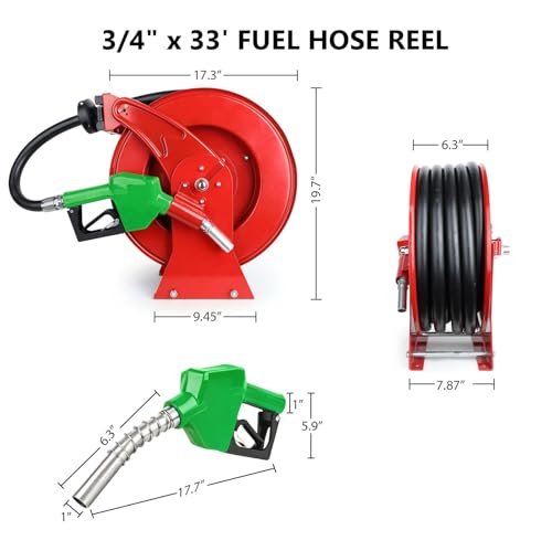 3/4" x 33ft Fuel Hose Reel, Extra Thick Steel, 300PSI Diesel Fuel Transfer Hose, 3/4 Inch Retractable Hose Reel with Fuel Nozzle Working with Pump & Tank - color: Red, size: 3/4" x 33ft