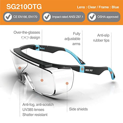 DEX FIT Safety Glasses Over Eyeglasses SG210 - Anti-Fog & Scratch Resistant Z87.1 Certified, Adjustable Temples, Side Shields, UV Protection, Clear Lens PPE for Men & Women; Black & Blue, 6 Pack - color: Black/Blue - Clear, size: 6 Pack