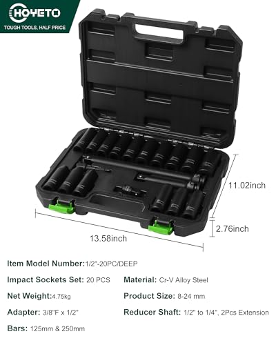 1/2"Drive Deep Impact Socket Set,20 Piece 1/2 Inch Impact Socket Set Metric 8mm-24mm CR-V Steel, 6 Point Design, Includes Extension Bars, Hex Shank Adapter, Reducer, Meets ANSI Standards - style: SS-D12-20PC