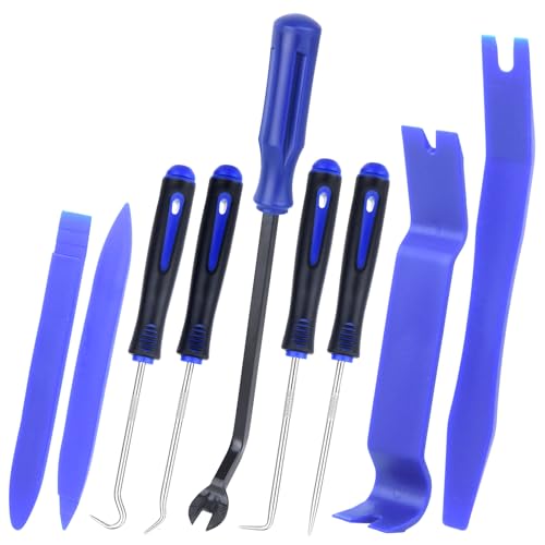 9Pcs Auto Trim Removal Tool Kit with Plastic Pry Tool, Fastener Clip Pliers, Car Interior Panel Door Window Removal Tools, Clip Remover Tool with Precision Hook and Pick Set for Automotive