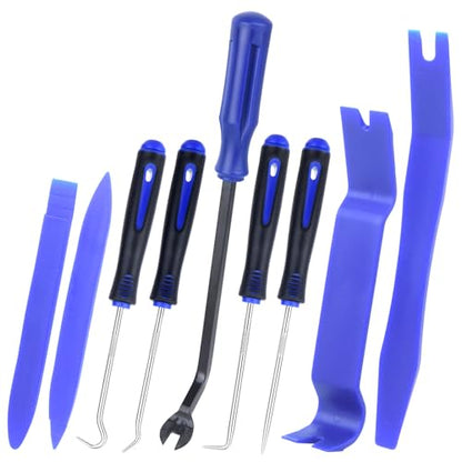 9Pcs Auto Trim Removal Tool Kit with Plastic Pry Tool, Fastener Clip Pliers, Car Interior Panel Door Window Removal Tools, Clip Remover Tool with Precision Hook and Pick Set for Automotive