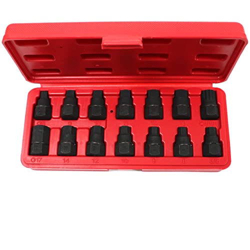 ARC-POWER 14 pc 3/8" Drive Socket Master Oil Drain Plug Key Set M16 Spline Car Hex Square