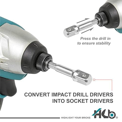 HB 3-Piece Socket Adapter Set AAM001-U | 1/4" Hex Shank Impact Driver Drill Adapters | 1/4", 3/8", 1/2" Drive | Chrome Vanadium Steel with Spring-Loaded Detent Ball | Professional Tools Made in Taiwan - size: 1/2" & 3/8" & 1/4" DR.
