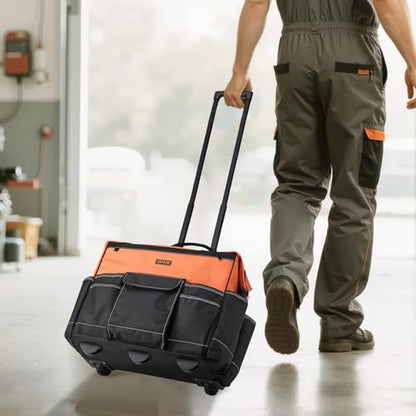 VEVOR 20" Rolling Tool Bag, 110 lbs Load Capacity, 27 Pockets Heavy Duty Roller Tool Bag on Wheels, Adjustable Telescoping Handle & Stable Base, Toolbag Organizers w/Wheels for Construction, Mechanic - size: 20 in