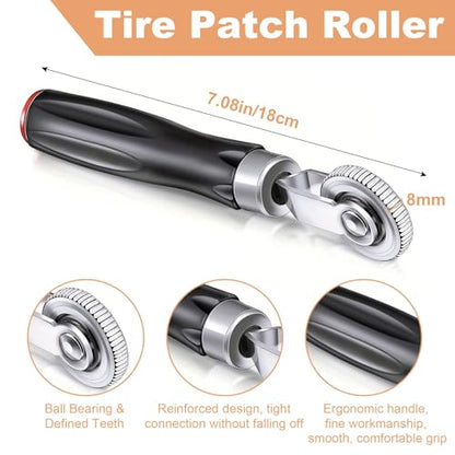 Tire Repair Patch Tool Kit Includes 24PCS Tire Patch Plugs(1.42"&1.81"&2.36"),Tire Patch Roller,Tungsten Buffing Wheel and Twist Drill Bits,Tire Patch Kit for Vehicles