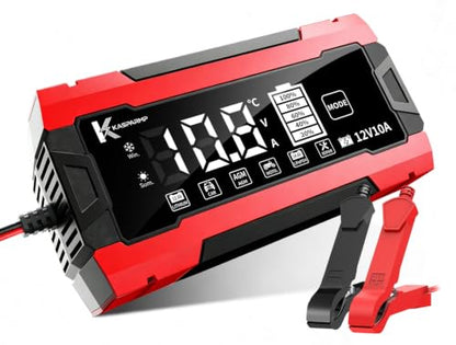 12V 10A Smart Battery Charger for Car and Motorcycle Battery Maintainer & Trickle Charger with Pulse Repair LCD Display Temperature Compensation for AGM Gel SLA Deep Cycle Lead Acid Batteries - color: Red-Black