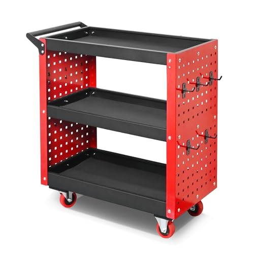 3-Tier Rolling Tool Cart on Wheels, 660 Lbs Capacity | Heavy Duty Utility, With Pegboard, Locking Casters, For Garage, Workshop, Warehouse & Repair Shop - color: Tool Cart With Pegboard