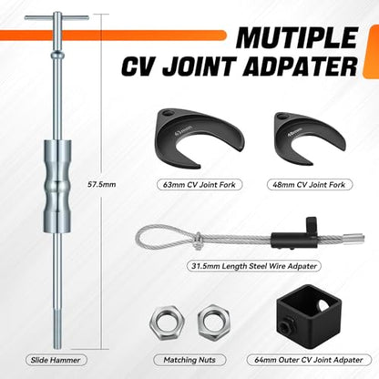 Auto Dynasty CV Axle Puller Tool Set Front Wheel Drive Axle Half Shaft Removal Tool Kit with Slide Hammer, 8 pc CV Joint Removal Tool and 63mm 48mm CV Joint Fork Adapter Cable Adapter Attachments