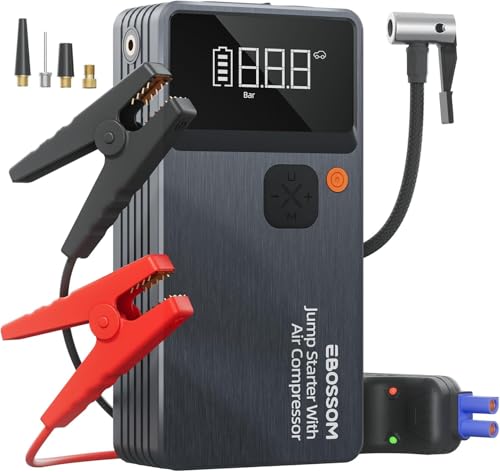 Car Battery Jump Starter with Air Compressor, Battery Jump Box with Tire Inflator,Jump Booster with Smart Jumper Cables,LED Light Emergency Car Kits for Vehicles,Arrancador Ae Batería - style: JC8 With Air Compressor 8000mAh