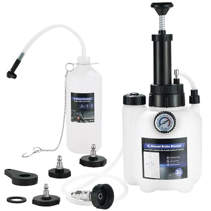 3L Manual Brake Bleeder Kit with 1L Brake Fluid Bleed Bottle | One-Person Brake Pressure Bleeder Kit with 4 Master Cylinder Adapters, Suitable for Select Vehicle Brake Systems