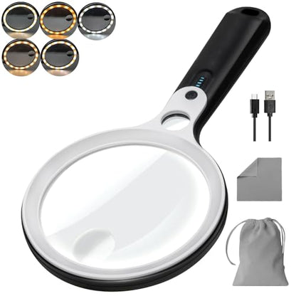 Magnifying Glass with 48 LED Light, 10X 20X 45X Handheld Illuminated Lighted Magnifier with 5 Light Modes Rechargeable Magnifying Glass for Seniors Reading Inspection (White & Black) - color: Black Handle