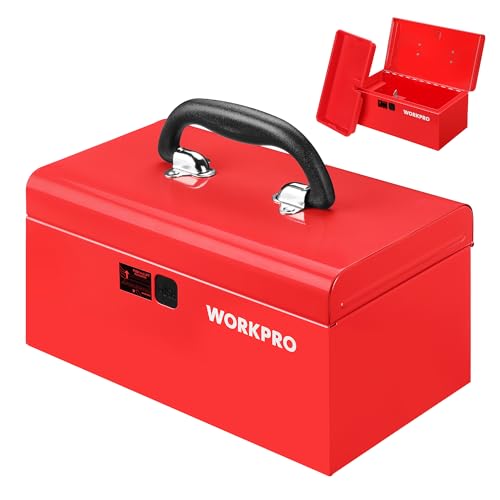 WORKPRO 10.8" Portable Mini Metal Tool Box with Removable Color-Matching Tray, One-Button Latch Toolbox, Steel Tool Chest with PP Handle, Compact Storage Organizer for Home, Office or Workshop - color: Red