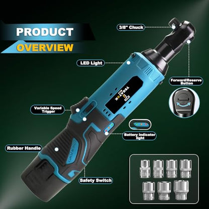 Tegatok Cordless Electric Ratchet Wrench Set, 40FT-LBS (45N.m) 3/8" Electric Ratchet, 12V Cordless Ratchet Wrench, 2 x 2.0Ah Batteries Impact for Car Home, Blue