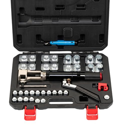 Hydraulic Flaring Tool Kits, 45° Double Flaring Tools, 33PCS Flaring Dies, Brake Repair Brake Flaring Tool for 3/16"-1/2", with Tube Cutter and Deburrer, for Copper Line, Steel Pipe Automotive Repair
