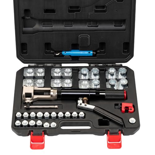 Hydraulic Flaring Tool Kits, 45° Double Flaring Tools, 33PCS Flaring Dies, Brake Repair Brake Flaring Tool for 3/16"-1/2", with Tube Cutter and Deburrer, for Copper Line, Steel Pipe Automotive Repair