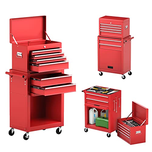 Goplus Tool Chest, 6 Drawers Rolling Tool Cabinet with Detachable Top Toolbox, Universal Lockable Wheels, Protective Liner, Auto Lock, Metal Tool Storage Cart, Tool Box for Garage Workshop - color: Red, style: 6-Drawers