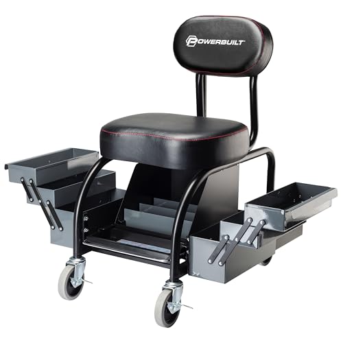 Powerbuilt Professional Mechanics Roller Seat, Heavy Duty Padded Detailer Seat and Backrest, Sliding Storage Drawers, Tool Tray, Can Holders, 4-Inch Swivel Wheels