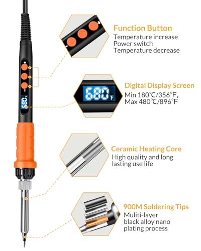Soldering Iron Kit, 100W High Power Soldering Iron, Fast Heating, Digital Display Temperature Control Accurate 356°F-896°F, Portable Soldering Kit with Protective Cap, Automatic Sleep Mode - color: Light Orange