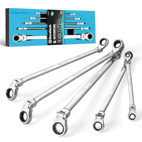 DURATECH Extra Long Flex-Head Ratcheting Wrench Set, 5-Piece, SAE | Double Box End, 5/16" to 13/16", 72-Tooth, 5° Swing Arc, for Narrow Spaces, CR-V Steel, Mirror Polished, EVA Foam Organizer