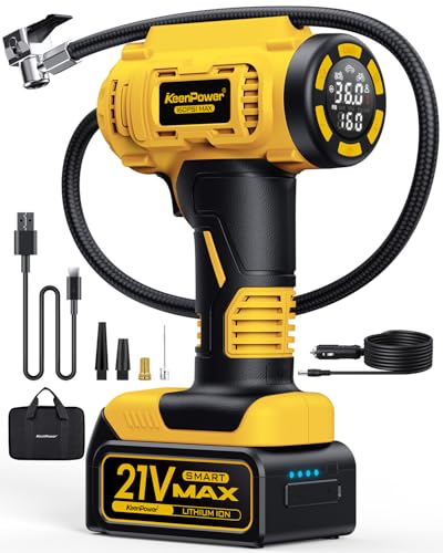KeenPower Cordless Tire Inflator Portable Air Compressor, 160PSI Car Tire Air Pump, 21V Rechargeable Battery Powered Air Compressor, Dual Power, Larger HD Digital Gauge w/4+N Smart Modes (Yellow) - color: Yellow