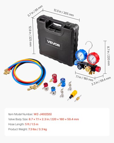 VEVOR AC Manifold Gauge Set for R134a R404A R1234yf R22 Refrigerant, 4 Way AC Gauge with 5 ft Hoses, Adapters, Quick Couplers, Can Taps for Automotive Air Conditioning Maintenance, Charging Evacuation - size: R134a/R404A/R1234yf/R22, style: 4 Way with Box