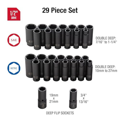 SUNEX TOOLS 5153DD, 1/2 Inch Drive Master Impact Socket Set, Double Deep, 29-Piece, SAE/Metric, 7/16"-1-1/4", 10mm-27mm, Cr-Mo Steel, Radius Corner Design, Dual Size Markings, Heavy Duty Storage Case