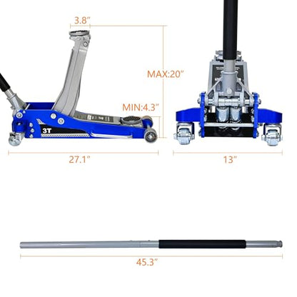 ZeHuoGe Aluminum Iron Horizontal Jack/Hydraulic Trolley Service/Floor Jack with Extra Saddle,6,600 lb Capacity (Blue, 3 Ton Aluminum) - size: 3 Ton Aluminum