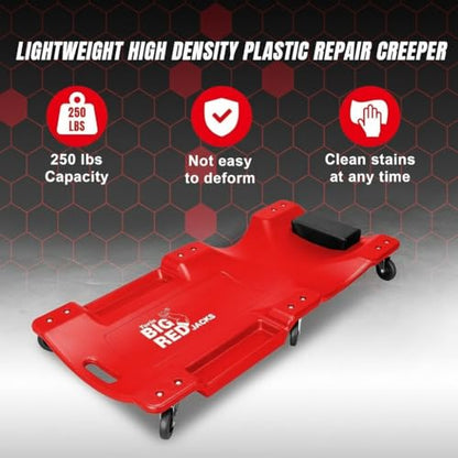 Big RED Plastic Rolling Garage/Shop Creeper: 40" Mechanic Cart with Padded Headrest, Dual Tool Trays and 6 Casters