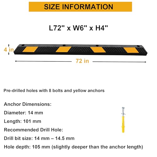 OrangeStar 4 Pack 72" Rubber Parking Curbs | Heavy Duty Garage Floor Wheel Stopper with Yellow Reflective Stripes for Car, Truck, Trailer, Driveway, Parking Lot - size: 72in (4-Pack)