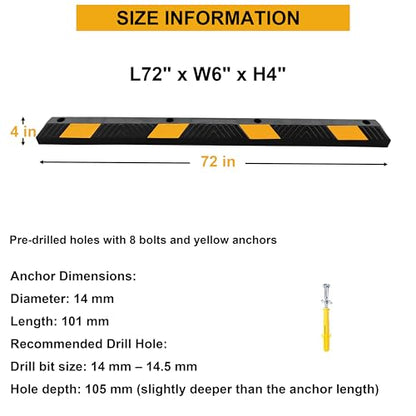 OrangeStar 2 Pack 72" Rubber Parking Curbs with Bolts | Heavy Duty Garage Floor Wheel Stopper w/Yellow Reflective Stripes for Car, Truck, Trailer, 6Ft - size: 72in (2-Pack)
