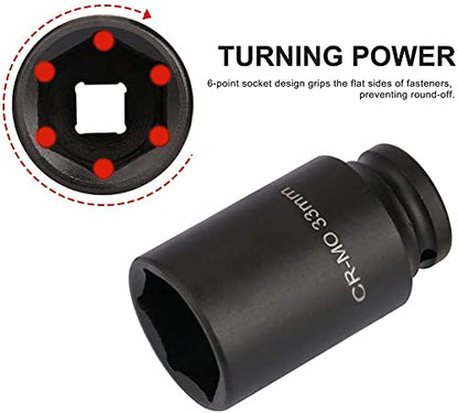 1/2” Drive Deep 6-point Spindle Axle Nut Impact Socket Set CR-MO 29 to 38 mm Heavy Duty Impact Socket Set (9 Pieces, Metric)