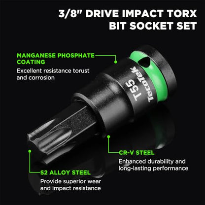 TecoTek 3/8" Drive Impact Torx Bit Socket Set, Extra Long Torx Socket, S2 Alloy Steel Star Bit Sockets, 24PCS Star Bit Set, T10-T60, 2in & 6in Long, CR-V & S2 Alloy Steel Set, Enhanced Storage Case - size: Torx Bit Socket