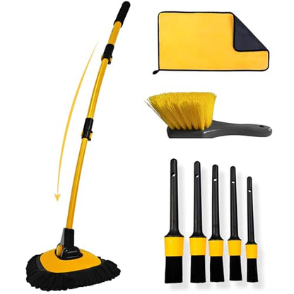 YeewayVeh Car Wash Kit, Extendable Car Wash Brush Mop with Long Handle, 5pcs Detailing Brush, 1pc Wheel Brush and Microfiber Towel Car Cleaning Kit Supplies Accessories, Ginger - color: Ginger, size: 8 pieces