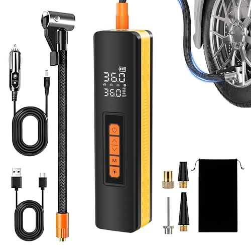 Tire Inflator Portable Air Compressor, 5X Faster 150 PSI Portable Tire Inflator for Car, Built-in Magnetic Storage, Auto Shut-Off Cordless Air Pump, LED Light for Cars, Motor, Bikes - color: Yellow