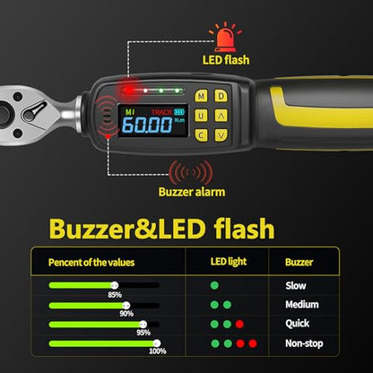 3/8" Drive Digital Torque Wrench, 1.4-44 Ft.lbs (1.8-60 Nm) | ±2% Accuracy Electronic Torque Wrench with Dual Direction Ratchet, Buzzer and LED Indicator, for Motorcycle & Spark Plugs - size: 3/8" 60Nm