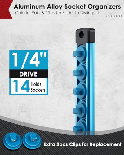 PINOZE 1/4" Magnetic Socket Holder Organizer - Aluminum Alloy Socket Rail Tray for Tool Box Drawer, Socket Rack with Extra 2Pcs Replacement Clips for Automotive Garage(Blue) - size: 1/4" DR
