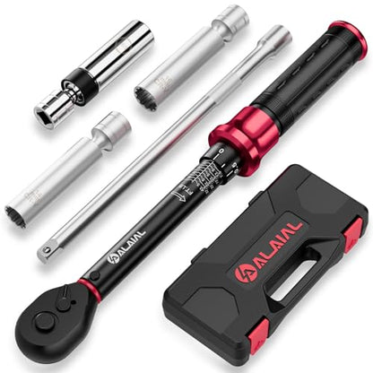 Spark Plug Socket Set with Torque Wrench 3/8 Drive, 5-45 ft.lb | 6.8-61 Nm, 14mm 16mm 5/8" Magnetic Swivel Spark Plug Sockets & 10" Extension Bar, Perfect for Car & Motorcycle Spark Plug - size: 5PCS