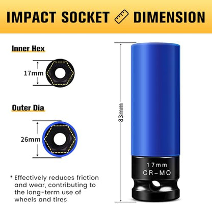 BOEN 17mm 1/2" Drive Wheel Protector Impact Socket, Non-Marring Lug Nut Thin Wall Deep Socket Set, Chrome-Molybdenum Steel, 6 Point, Color-Coded Protective Socket