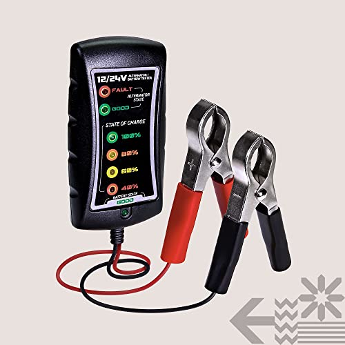 True Mods 12V 24V DC Automotive Auto Car Battery and Alternator Tester [Large Clamps] [LED Indication] Digital Checker Diagnostic Tool for Van Pickup Truck Vehicle Motorcycle