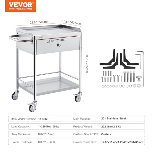 VEVOR Medical Cart, 2-Layer Stainless Steel Cart 220 lbs Weight Capacity, Lab Utility Cart with 360° Silent Wheels and a Drawer for Lab, Clinic, Kitchen, Salon - size: 2-tier with 1 drawer
