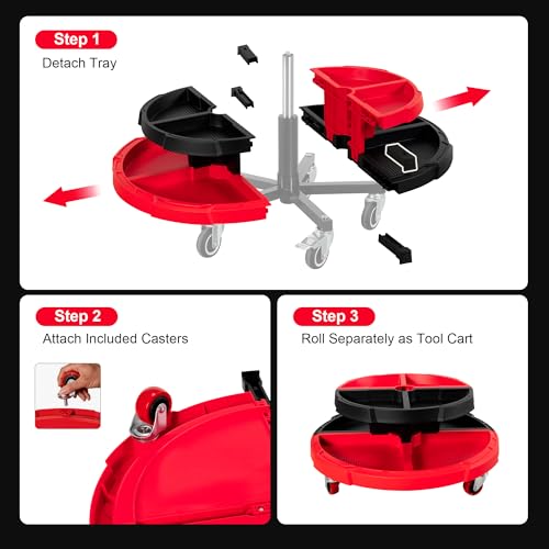 Frassie Rolling Mechanic Garage Seat Stool with Modular Removable Tool Tray, Pneumatic Height Adjustable Rolling Shop Chair for Auto Repair 300 LBS Capacity