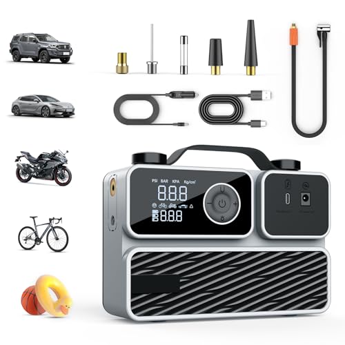 Tire Inflator Portable Air Compressor, Cordless Mini Air Pump for Car Tires | Tire Inflator Cordless & 12V DC for Car Bikes Motorcycle Tires & Balls – Auto Shut-Off, Digital Gauge, Emergency Pump