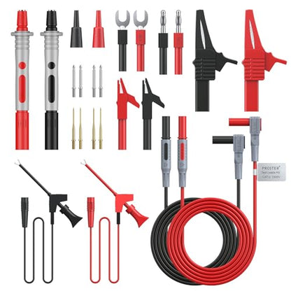 Proster 24pc Multimeter Test Lead Kit - Probes Alligator Clips 1000V | Replaceable 2 Probes 8 Tips 4 Clips 2 Spring Hooks 2 Leads 2 Banana 2 Spade CAT III 1000V, 10A Silicone leads - style: Test Leads 24pcs